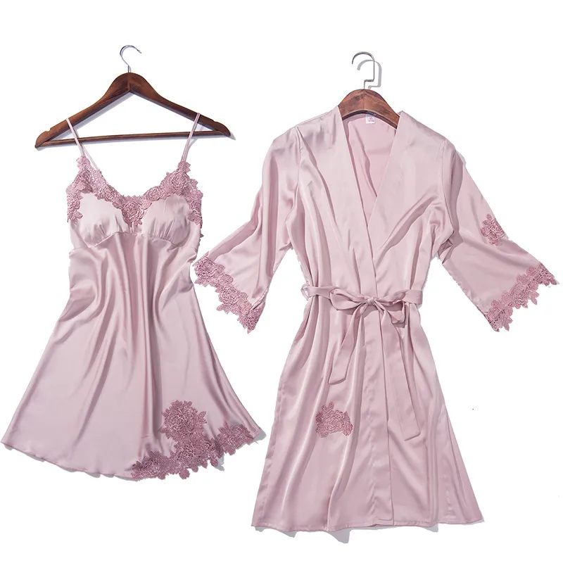 Alta Qualidade de cetim de seda Nightdress Define Mulheres Camisola + Robe 2 Pcs Sexy Pijamas Feminino Rosa Noite vestido Wear Início