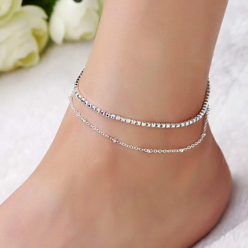 최고의 사랑스러운 소녀 크리스탈 발목 팔찌 실버 색상 링크 체인 발목 섹시 맨발 Anklets 보석 여성 발 팔찌 우정 선물