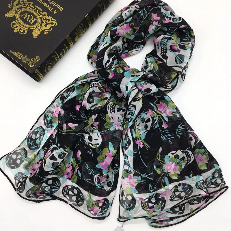 Gros-Nouvelle marque foulards en soie taille 130CM-130CM 100% soie matériel imprimé Les fleurs crânes motif main ourlet suqare écharpe pour les femmes