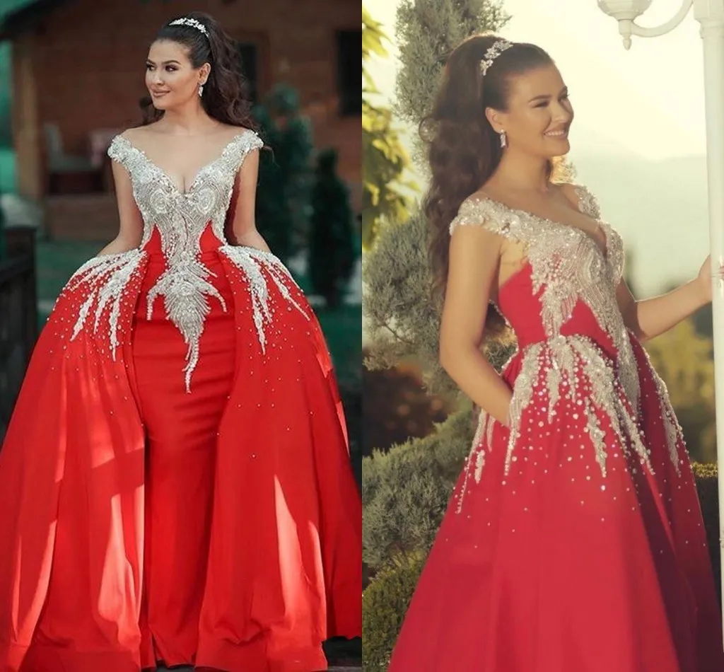 Nowa Syrenka Red Arabskie Suknie Wieczorowe Nosić Nowe Sexy Srebrne Kryształowe Koraliki Overtkirts Off Ramię Plus Size Formalne Party Dress Suknie Prom Suknie