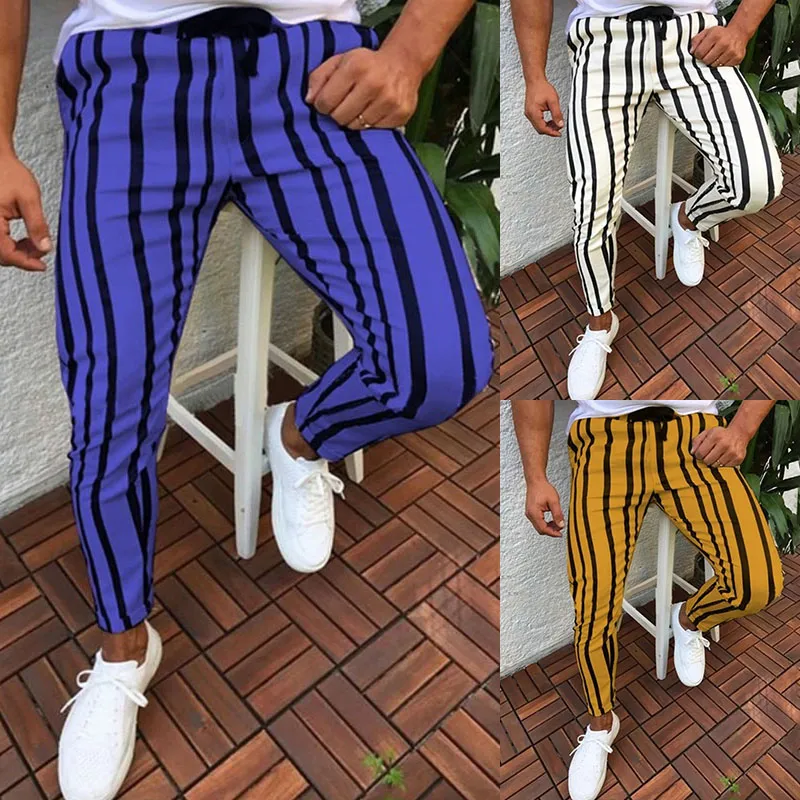 Fashion-Men Casual Striped Long Jogger Pants Mens Harem Fitness Joggers Stripe Urban Straight Drawstring Slim Fit Trousers 3XL