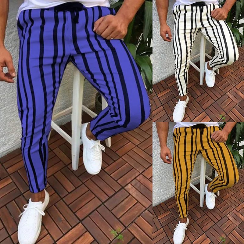 Fashion-Men Casual Striped Long Jogger Byxor Mens Harem Fitness Joggers Stripe Urban Straight Drawstring Slim Fit Trousers 3xl