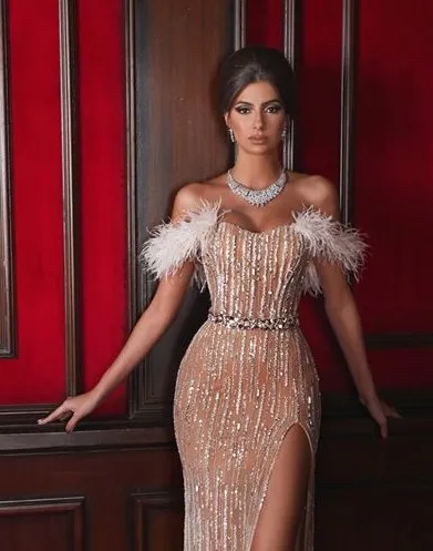 prom dresses with fur Long Mermaid Strapless Satin Formal Prom Dresses with Fur Trimmed-YESBABYONLINE