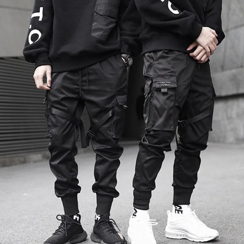 Hip Hop Boys Black Cargo Pants Multi Pocket Elastic Waist Harem Pants ...