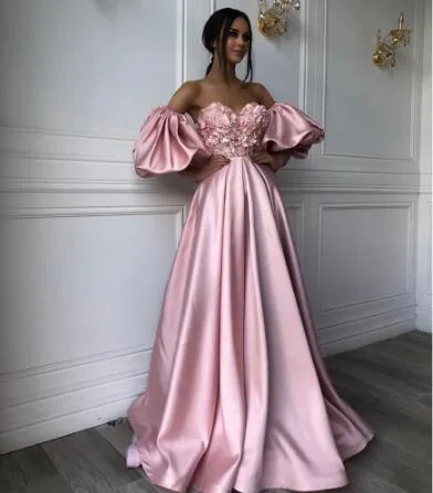 Saudi Arabia Pink Long Evening Dress With puff Sleeves Plus Size A-Line 3D-Floral Appliques Satin Dubai 2020 Prom Dresses Formal Gown