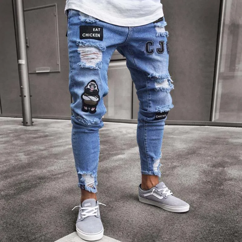 Mężczyźni w trudnej sytuacji motocyklistki Jean Casual Patches Risted Denim Knee Holeship Hop Zniszczone dżinsy