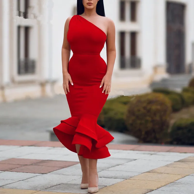 Red One Shoulder Satin Mermaid Cocktail Dresses 2020 Elegant Ruched Ruffles Tea Length Formal Party Short Plus Size Vestidos Evening Gowns
