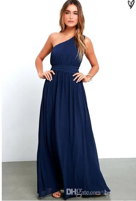 Navy Blue One Shoulder Chiffon Navy Chiffon Bridesmaid Dresses with Ruched Ruffles - Western Boho Style, Long Length, Affordable - BA3598