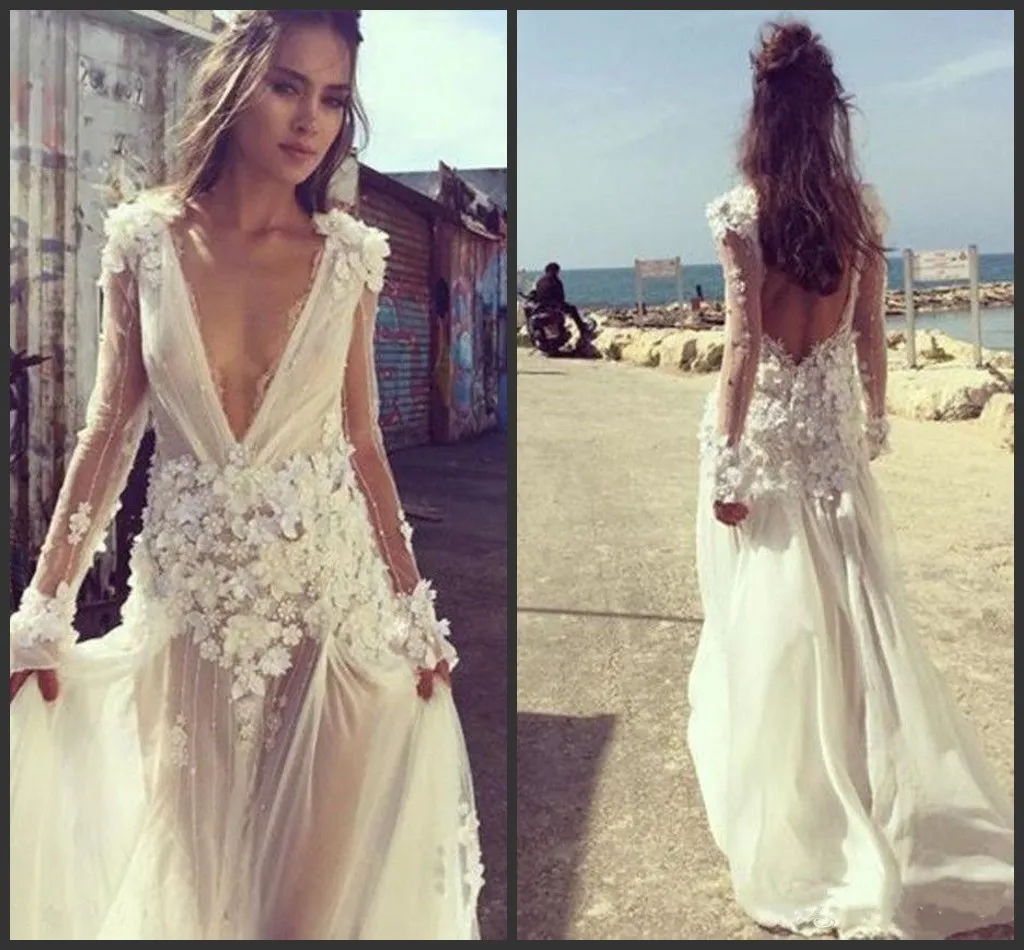 2019 robes de mariée vintage col en V plongeant manches longues robes de mariée longueur de plancher perles de cristal vestidos de robe de mariée robe de mariée
