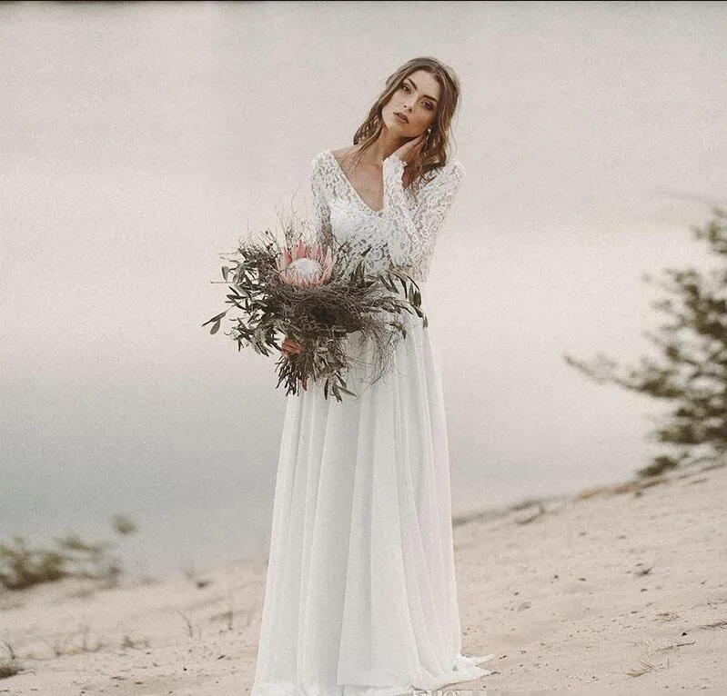 navy blue dress for baby girl Boho Lace Boat Neck Sweep Train Chiffon Bridal Dress main image 1