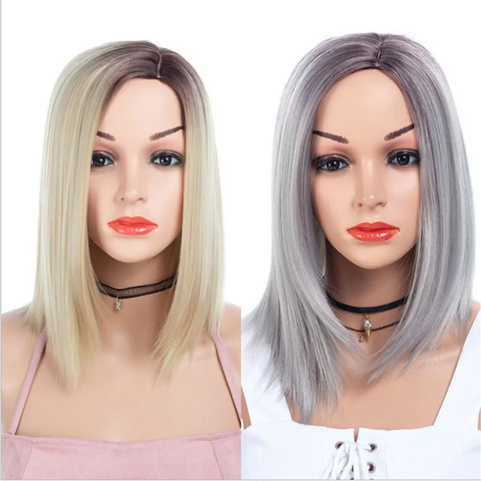 Ombre Black Silver Grey And R6/27/613 Color Short Wigs Cosplay Bob Synthetic Hair Wigs Straight Parting Division For Women