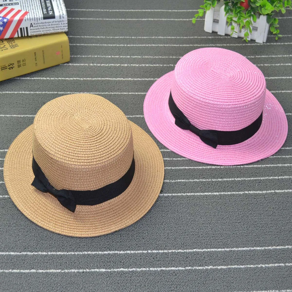 Sombrero de sol a la moda para padres e hijos, bonitos sombreros de sol para niños, gorra de paja hecha a mano con lazo para mujer, sombrero de ala grande para la playa, gorra informal de verano glris