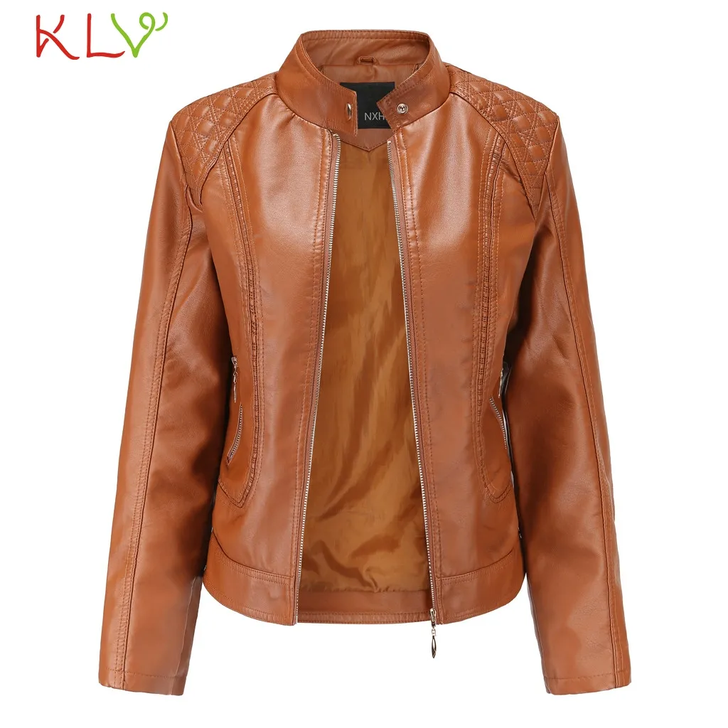 Kadın Ceket 2019 Moda Sonbahar Kış Siyah Faux Deri Ceketler Fermuar Temel Coat Standı Yaka Biker Streetwear Femme 19aug