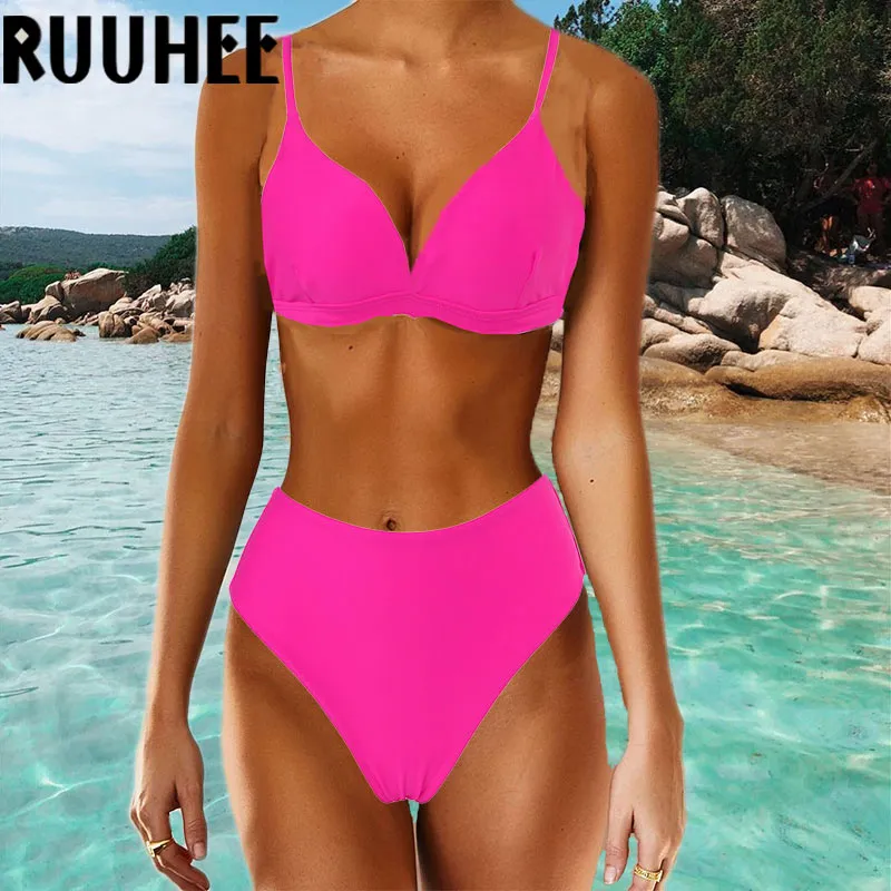 Ruuhee neon cintura alta cintura biquíni 2020 mulheres maiô push up swimwear brasileiro biquini natação terno verão maiô femme