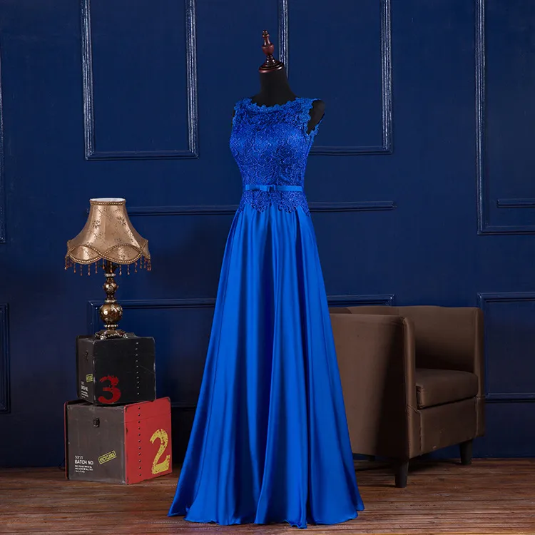 Kobieta Suknie Wieczorowe Scoop Neck Lace Up Satin Long Royal Blue Burgundii Długość podłogi Formalna Druhna Dress Maxi Sukienki Vestidos