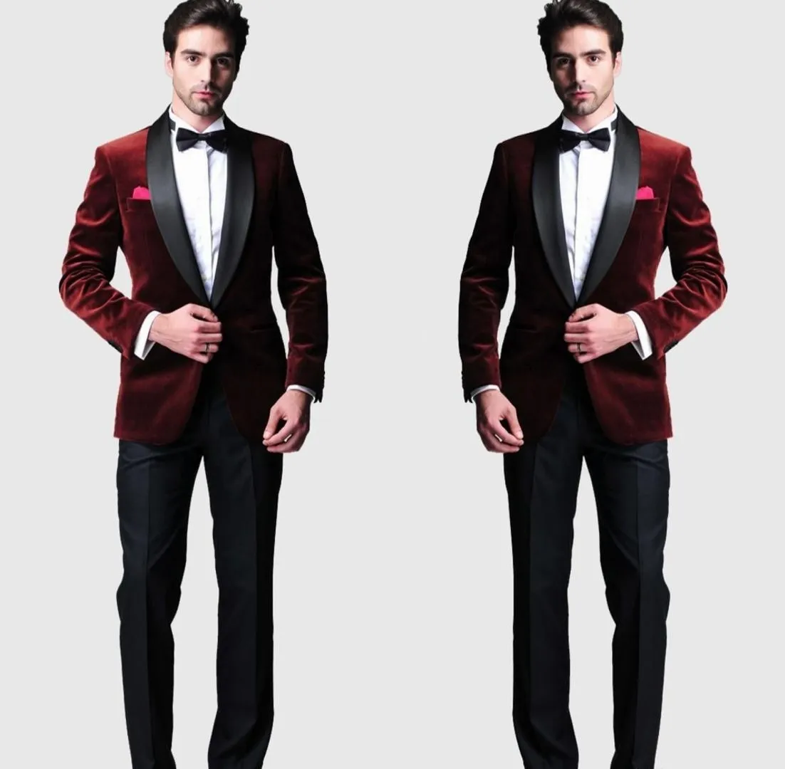 Smoking da sposo slim fit in velluto bordeaux Abiti da sposa Groomsmen su misura Abiti da ballo per uomo migliore Pantaloni neri (giacca + pantaloni + fiocco)