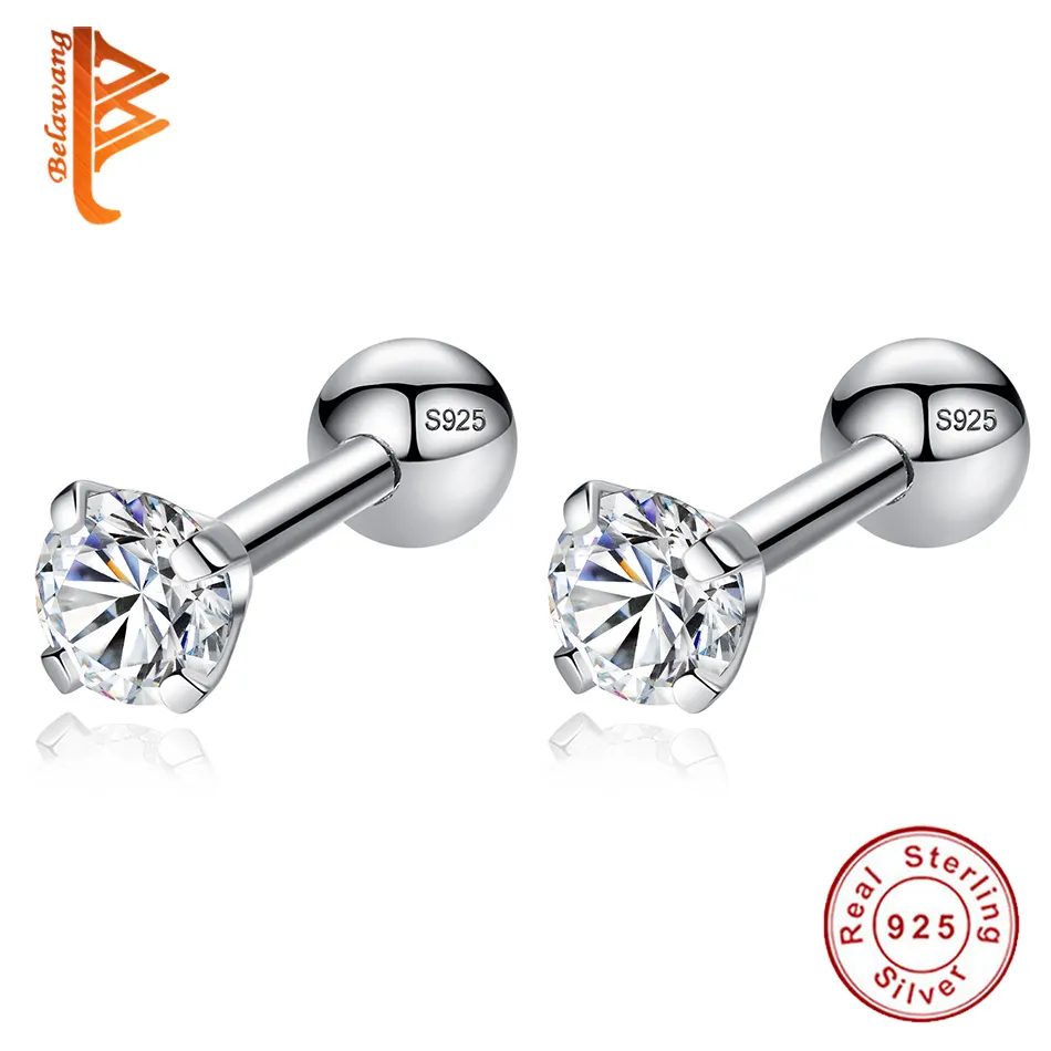 Luxo 925 Sterling Prata Pequena Rodada CZ Zircon Parafuso Back Brincos Para As Mulheres Noivado de Casamento Piercing Jóias