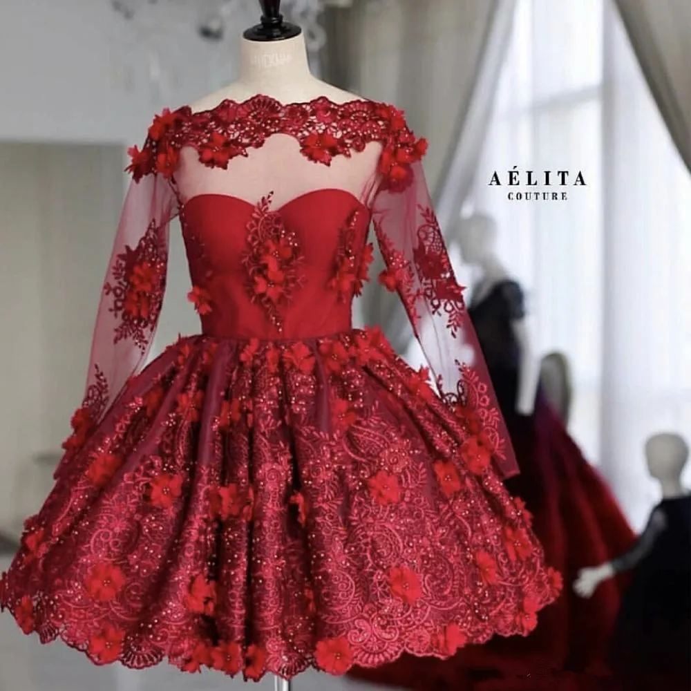 Czerwone krótkie sukienki bateau z długim rękawem koronki 3d kwiatowy aplikacje koraliki mini kuchnia cooktail suknia wieczorowa sukienka do domu suknia