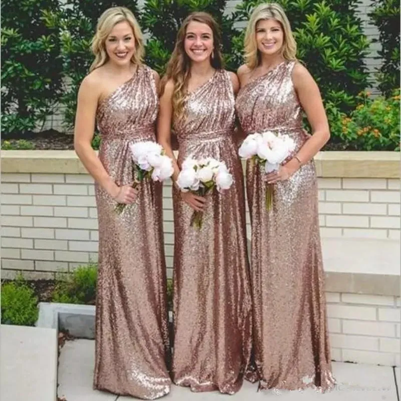 Land Rose Gold Sequined Bridesmaid Dresses 2020 Ny Bling One Shoulder En Linje Lång Golvlängd Plus Storlek Formell Maid of Honor Gowns 4625
