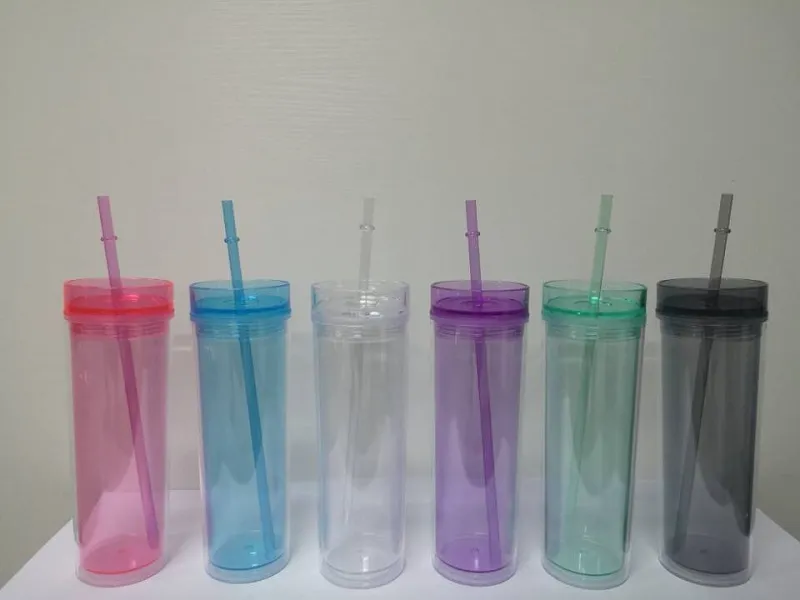 Skinny tumblers 16oz clear acrylic tumblers with lids and straw reusable cup with straw assorted colors