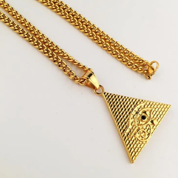 Collane di design in acciaio inossidabile ghiacciato Collana con ciondolo a forma di triangolo dorato con catena di fortuna e fascino per uomo290Q