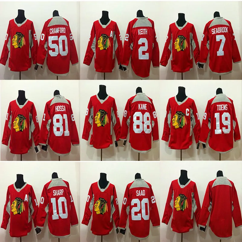 Maglia da allenamento rossa Chicago Blackhawks Maglia da hockey su ghiaccio 88 Patrick Kane 19 Jonathan 2 Keith Sharp 50 Maglia Crawford