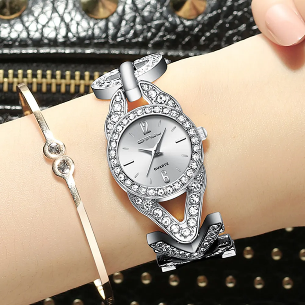 Women Watches CRRJU reloj mujer Classic Fashion bling Diamond Bracelets Dress WristWatch for Ladies stainless steel Clock