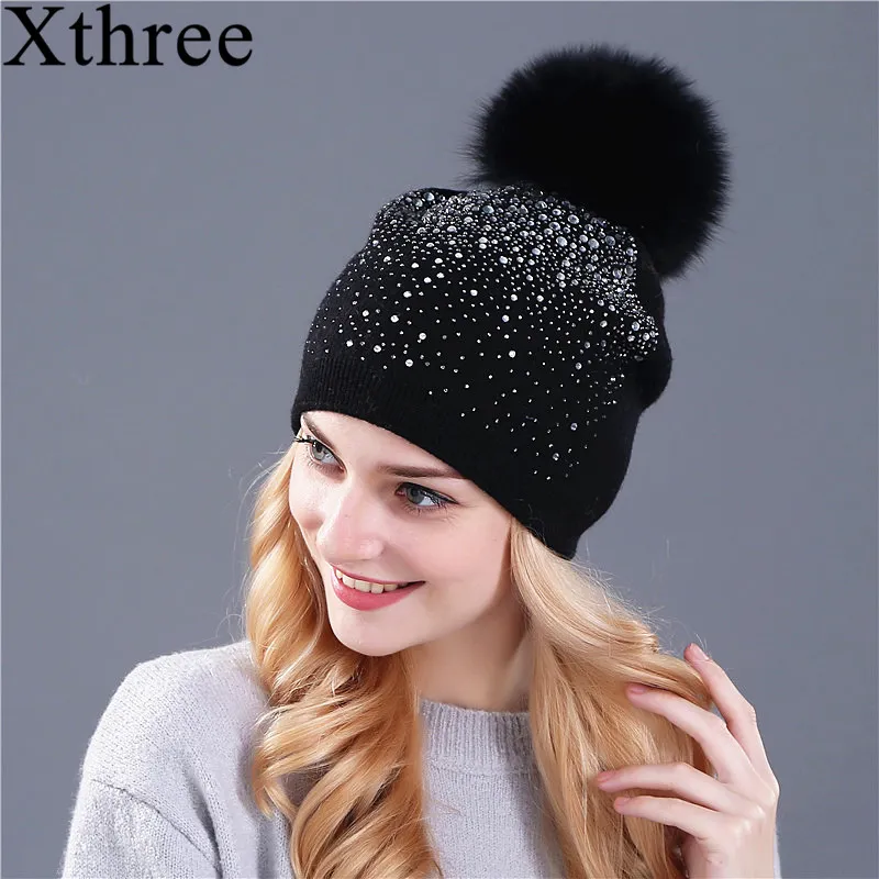 [Xthree] kvinnor vinter beanie hatt kanin päls ull stickad hatt kvinnan av mink pom pom shining rhinestone hattar för kvinnor s18120302