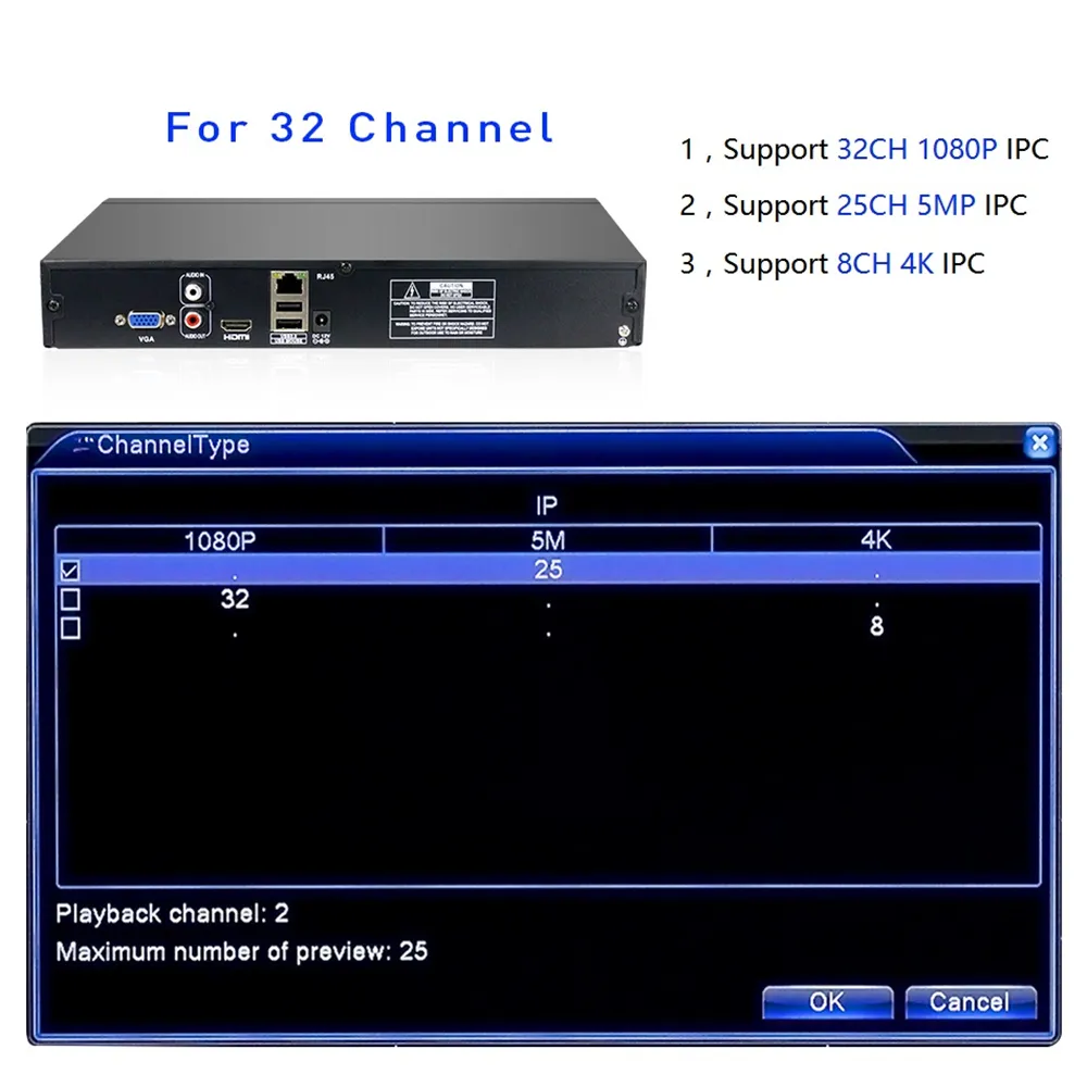 Enregistreur vidéo réseau Hiseeu NVR 32 DVR Noir