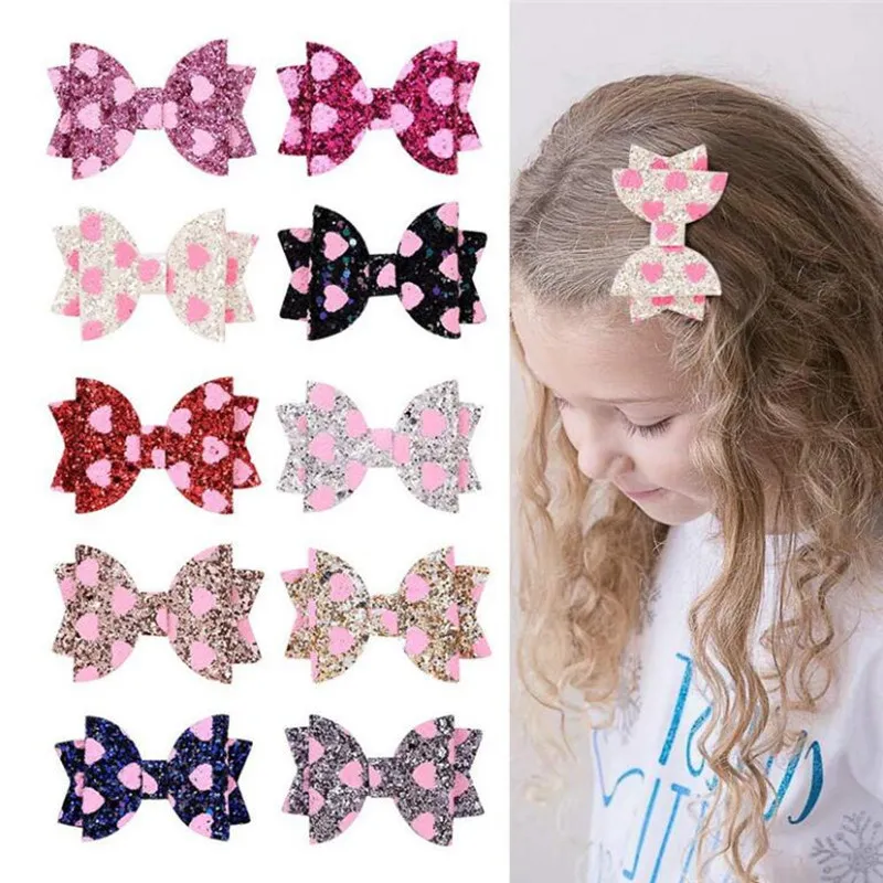 Baby Girls Love Heart Glitter Hairpins Kids Sequin Love Bowknot Hair Clip Hairpins Princess Barrettes Headwear Hair Accessories Favor A41003