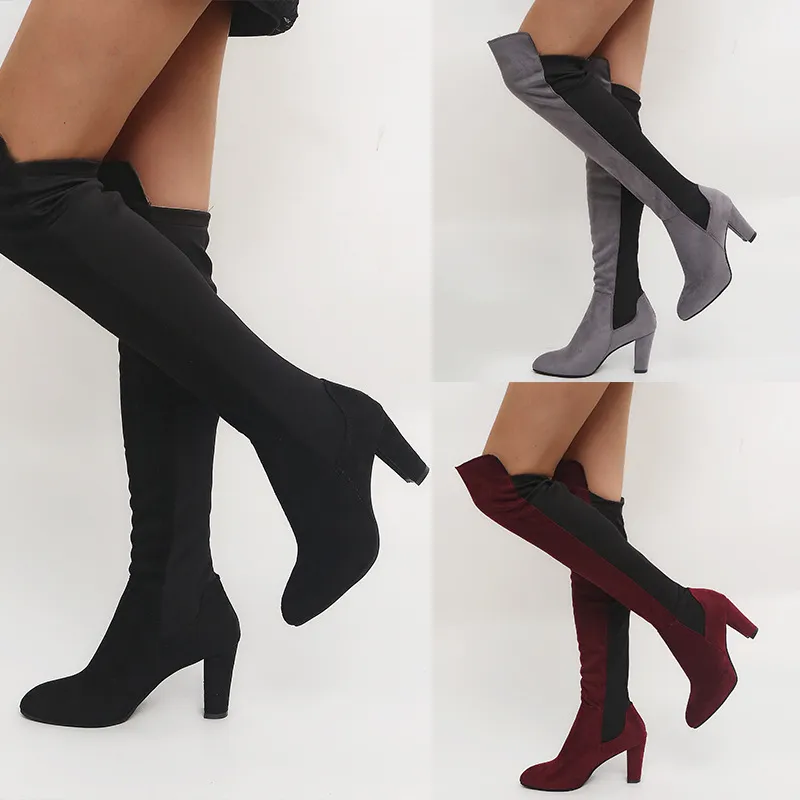 Venda quente-coxa alta botas mulheres outono inverno alto salto alto sobre o joelho longos botas sexy pointed toe aquecer mais sapatos de tamanho senhoras botas