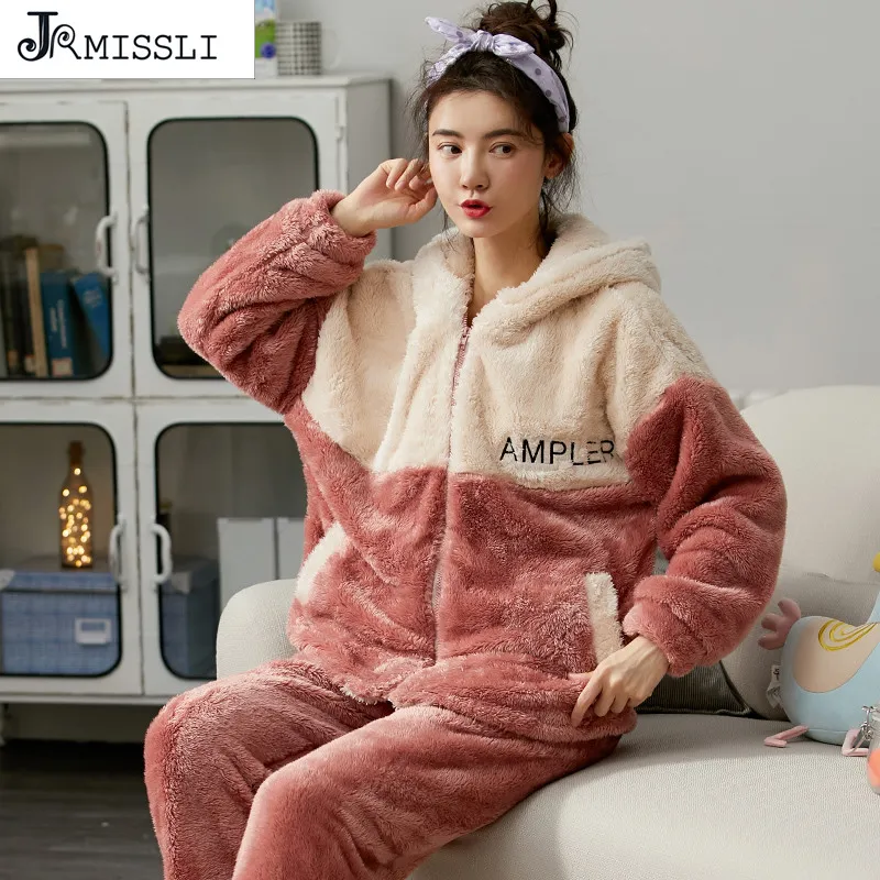 Womens Sleepwear JRMISSLI Winter Warm Flannel Hooded Women Pajamas