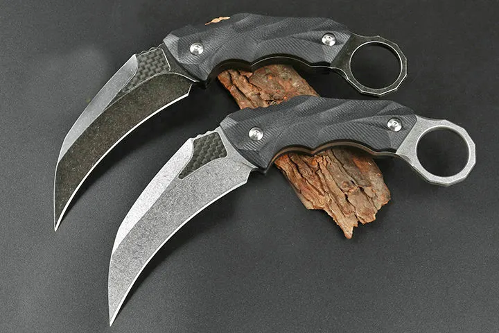 Couteau Karambit de qualité supérieure D2, lame de lavage en pierre, manche G10 noir, couteaux à griffes tactiques d'extérieur avec Kydex