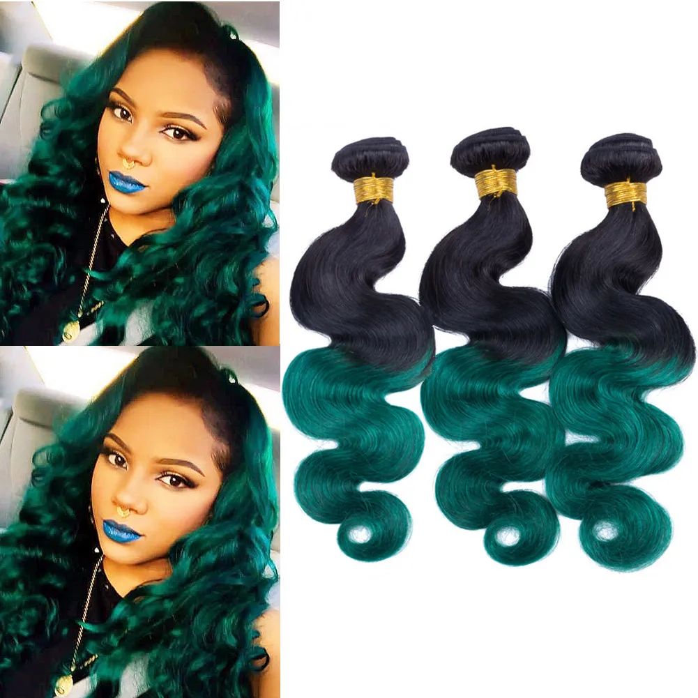 Dark Roots # 1B / Vert Ombre Corps Vague Malaysien Armure de Cheveux Humains Faisceaux 3Pcs Ombre Vert Foncé Ombre Faisceaux Corps Wavy Weave Wraps Trames