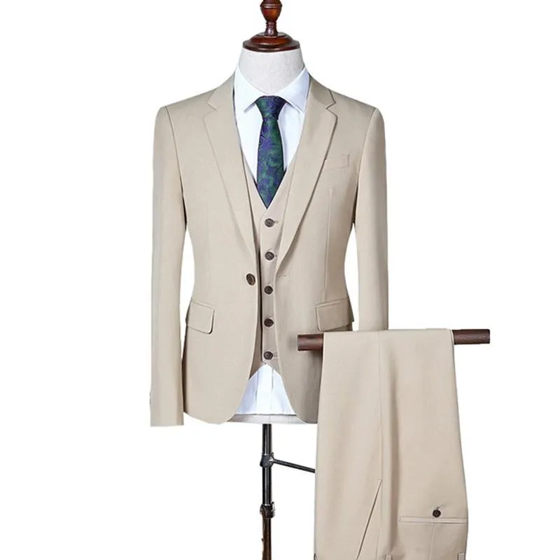 Custom Made Beige Groom Tuxedos Notch Lapel Groomsmen Mens Bröllopsklänning Populära Man Jacka Blazer 3 Piece Suit (Jacka + Byxor + Vest + Tie) 1027