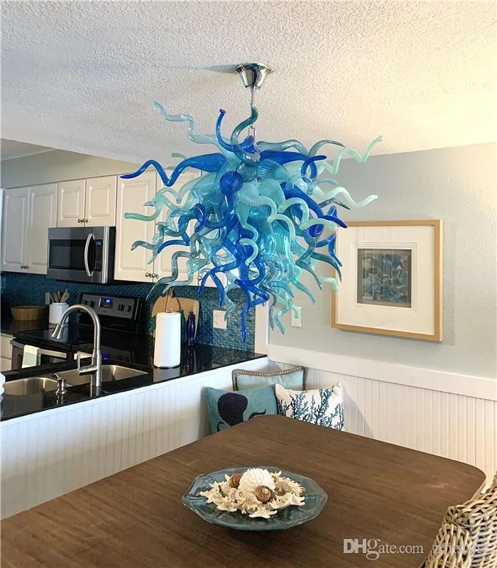 Moderne Art Déco Bleu Ombre Lustres Maison Intérieur Pendnat Lumière Murano Style Verre Suspendu LED Lustre 28 pouces pour Salon