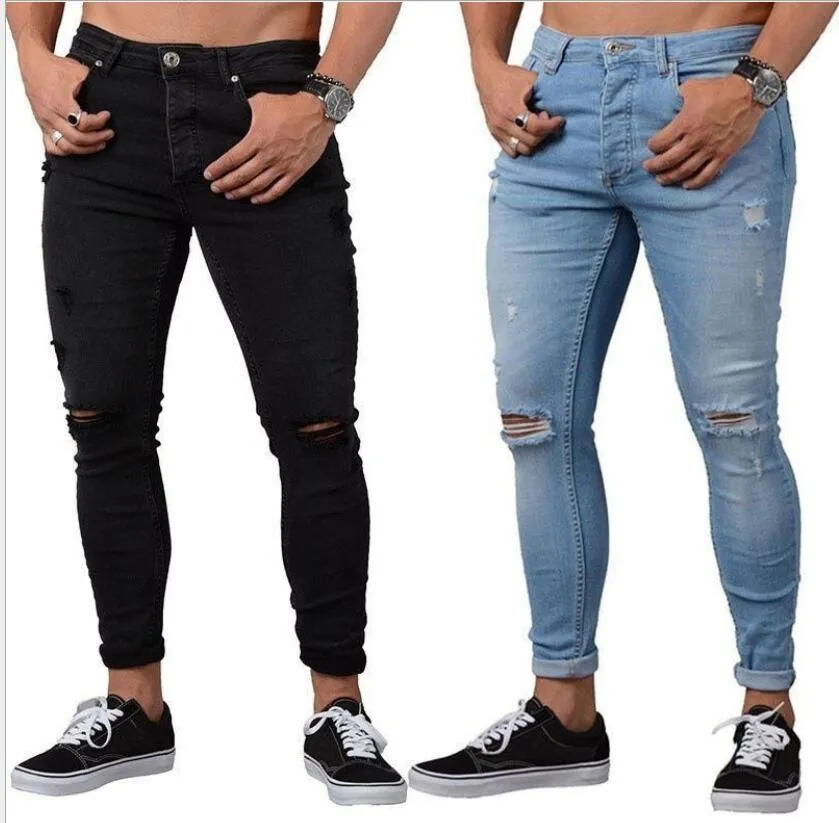Hombres azules Pantalones desgastados Agujeros rasgados Vaqueros Pantalones de mezclilla ajustados de Hip