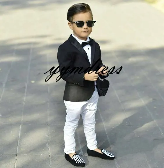 Black Boy's Suits Kids Resmi Giyim İnce Tepeli Yoklu Bir Düğme Fit Boy'un Smokin Takım Set Set Pantolon Bow273v