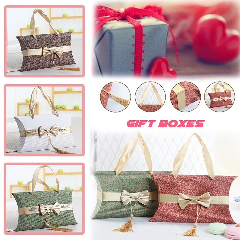 Size 16*12*4.5cm Handbag hot sale New Style Wedding Pillow Shape Candy Box with Bowknot Colorful Gift Box with Silk Handle