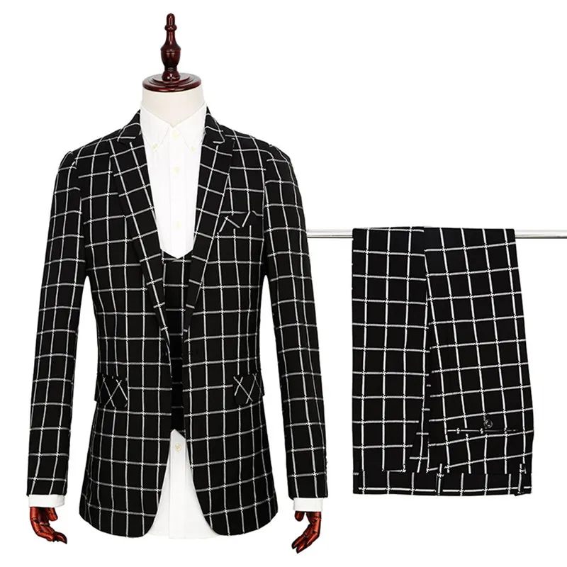 Mäns kostymer Blazers Checked Slim Men's Suit 3-Piece Set (Jacka + Byxor + Vest) Snygg Gentleman Mäns Suit Business Casual Formell Suit Set