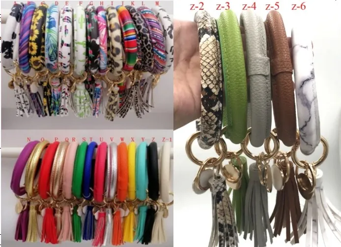 Wholesale 2019 Monogram Leather O Key Ring Custom Wristlet Bracelet Tassel Keychain Circle Buffalo Plaid Bangle keychain