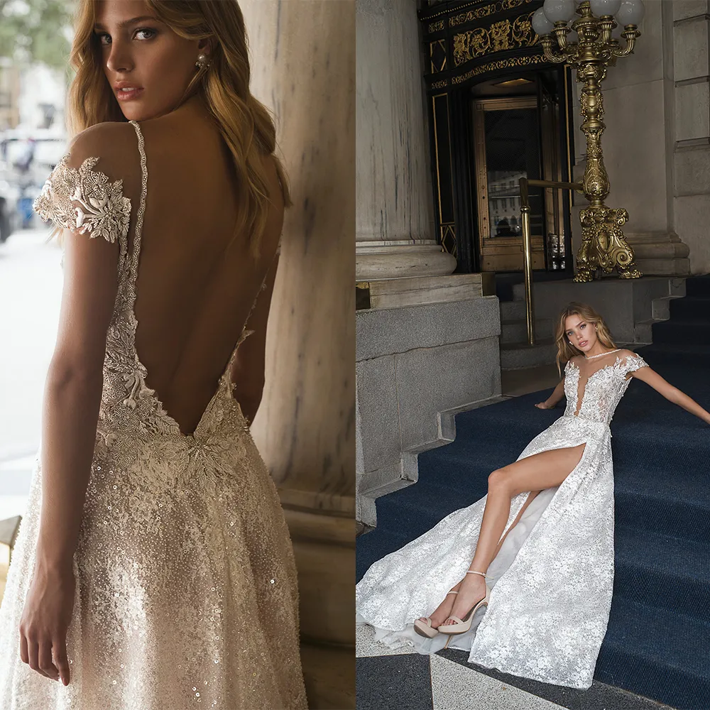 Netta Benshabu Podziel Linii Suknia Ślubna Aplika Cekiny Backless Jewel Neck Suknie Ślubne Sweep Pociąg Szefy Bridal Suknie