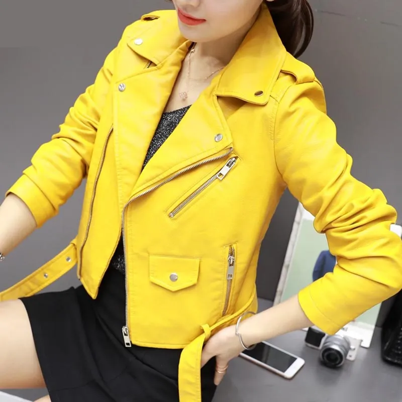 Pu Leather Jacket Women Fashion Bright Colors Yellow Motorcycle Coat Short Faux Leather Zipper Biker Jacket Soft Female