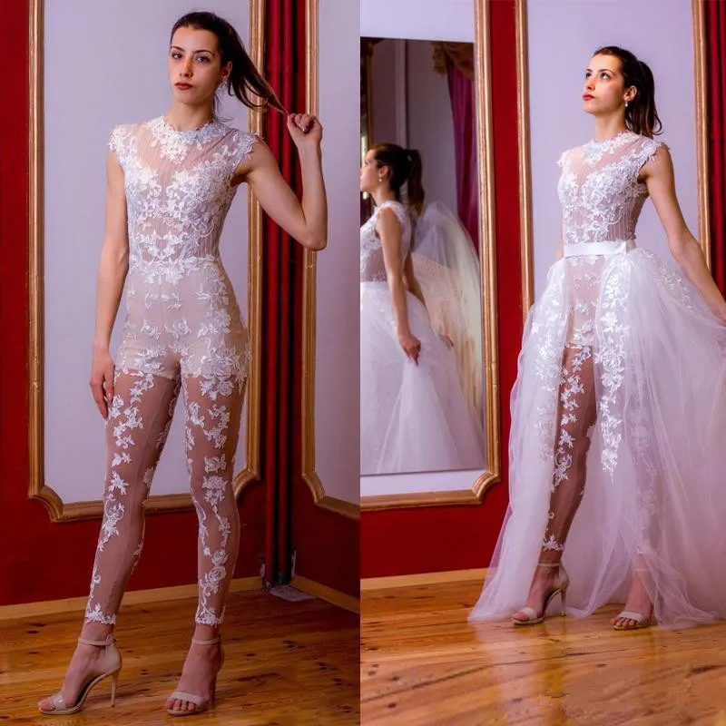 Elegant Lace Appliques Bohemian Jumpsuits Wedding Dresses With Detachable Train Plus Size Bridal Gowns Pants Suits For Women