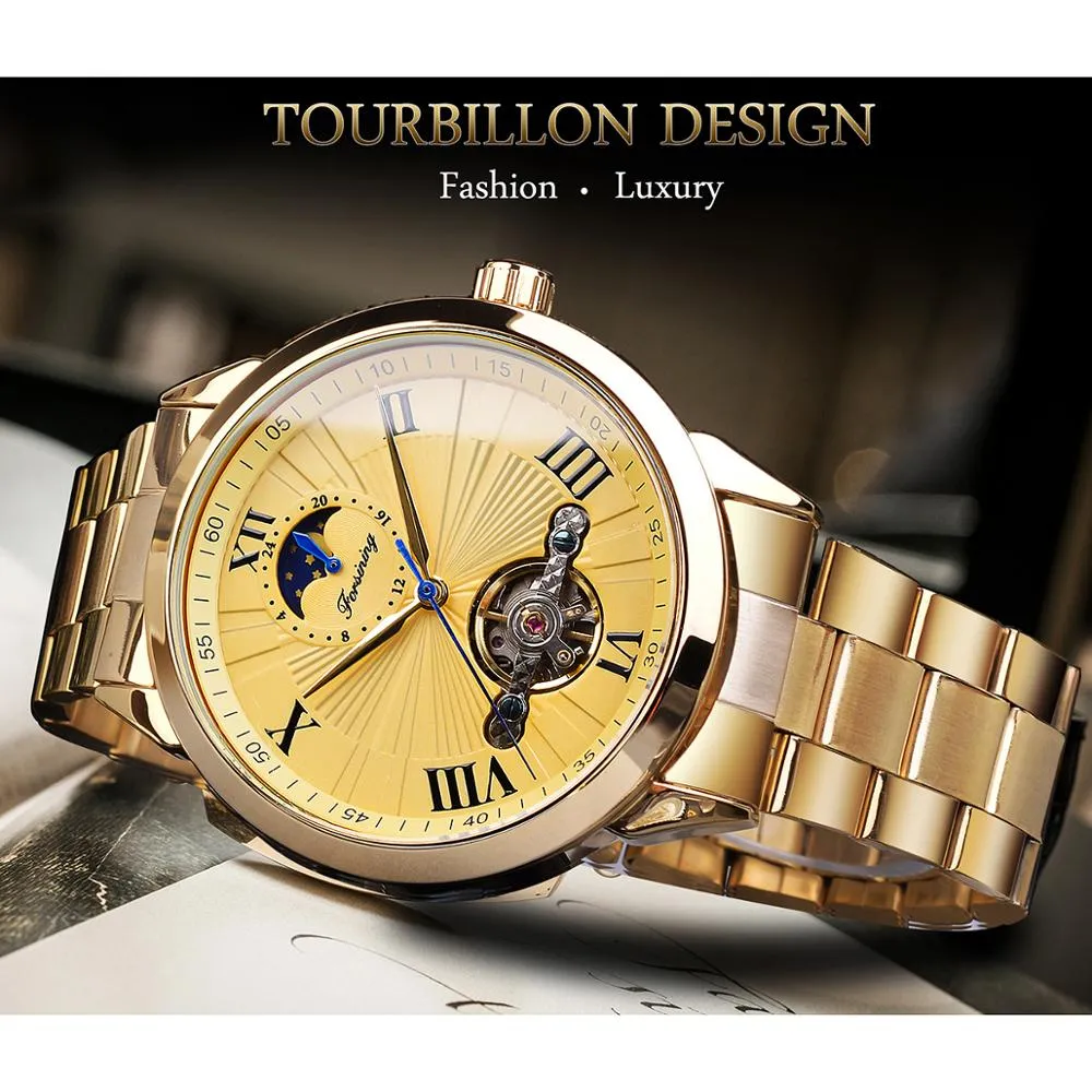 ForSining Golden Men Mechanical Wristwatch 3D Dial Automatic Tourbillon Moonphase Full Steel Big Watches Clock Relogio Masculino220d