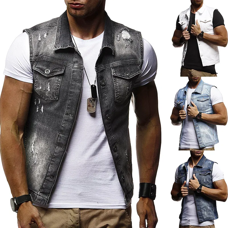 Herenvest 2023 nieuwe hot fashion jas trend mouwloze casual retro herenjas gescheurde slanke jas denim