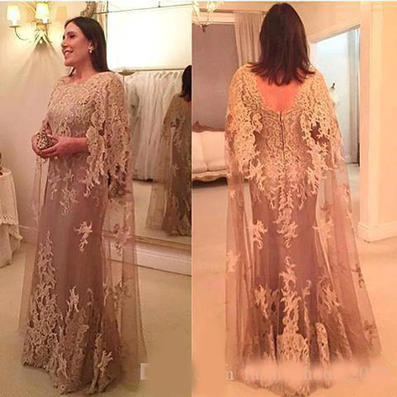 Hot Vintage Mother Of The Bride Dresses Jewel Neck Lace Appliques With Cape Sheath Long Plus Size Party Dress Wedding Guest Gowns