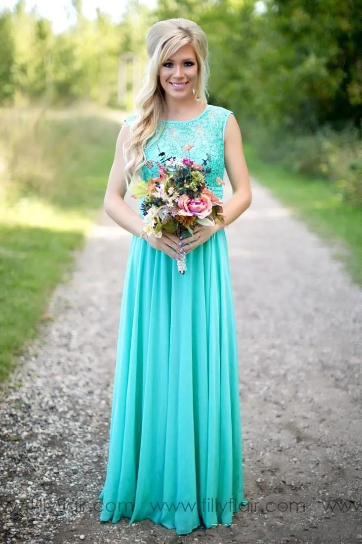 2020 New Teal Country Bridesmaid Dresses Scoop A Line Chiffon Lace V Backless Long Cheap Bridesmaids Dresses for Wedding BA1513320j