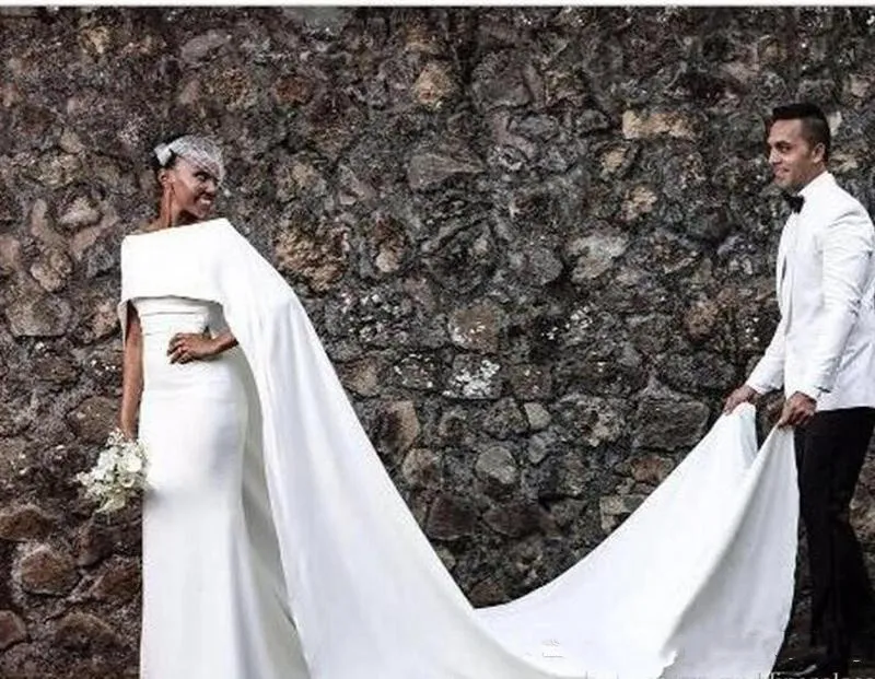 シンプルなサテンマーメイドのウェディングドレスロングテールトレインエレガントなケープラップブライダルガウンアフリカヴィンテージ花嫁のドレス習慣女性フォーマルウェア