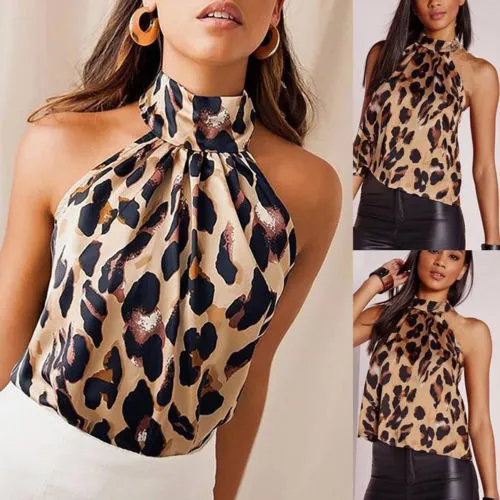 Womens Sexy Leopard Print Halter Neck Sleeveless Button Cami Vest Evening Party Tops Casual Backless Sleeveless